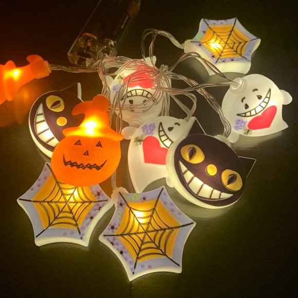 Vintage Retro Smiling Cat Ghost Pumpkin Web Halloween LED String Lights Lighting - Picture 1 of 6